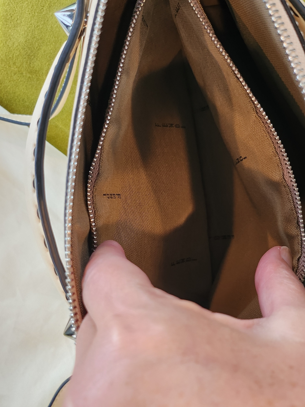 Cream Leather Satchel with Pale Pink Logo Print - Picture 13 of 13